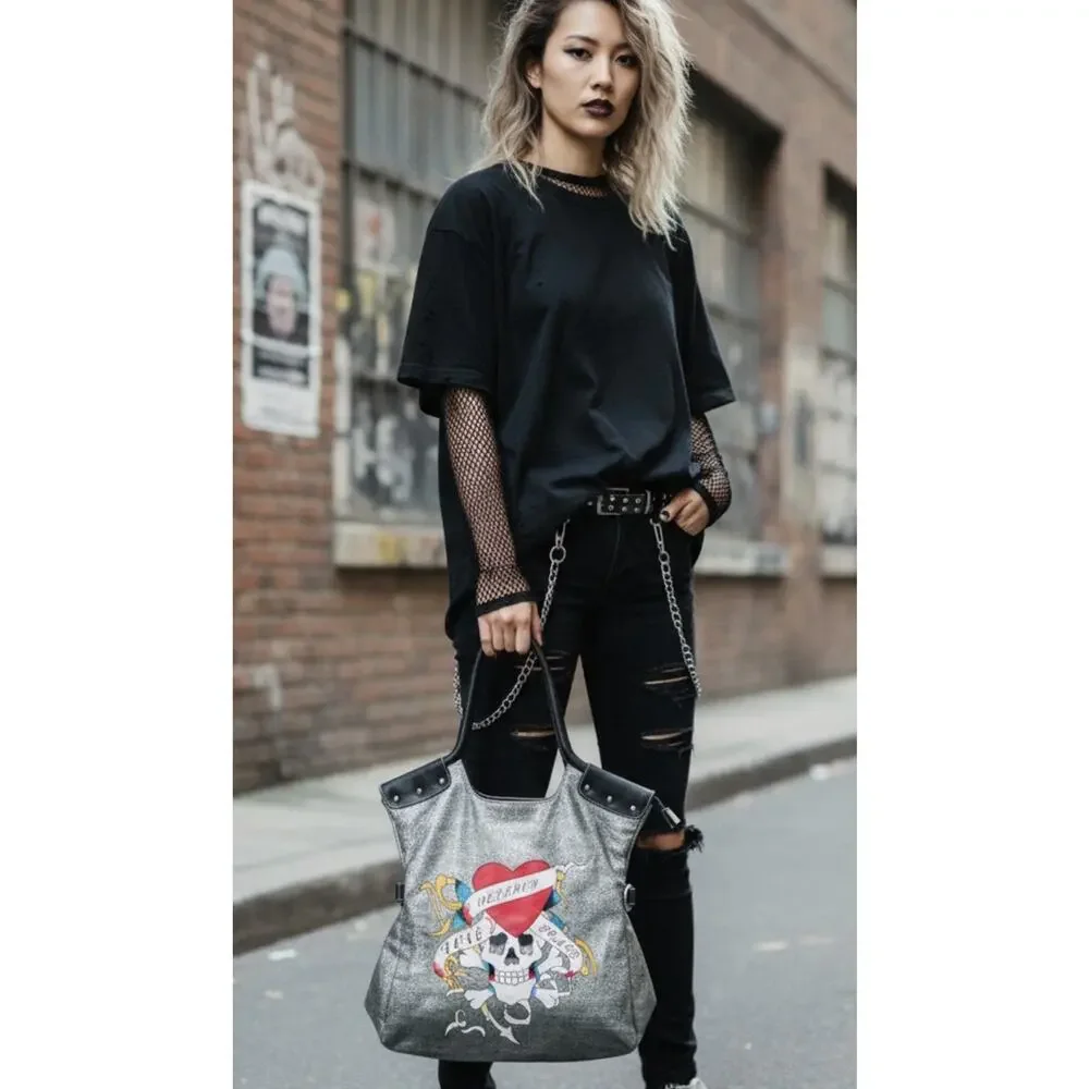 NWT Punk Rock Y2K Skull Crossbones Tattoo Tote Hobo Bag Goth Emo- Bold